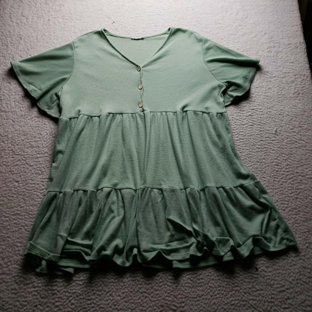 First Love Shirt Womens Plus 2X Green V Neck Short Sleeve Ruffle Tunic Top